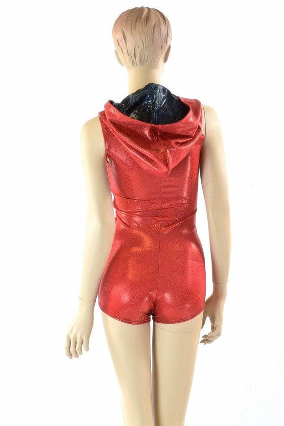 Red Metallic Zipper Hoodie Romper - Coquetry Clothing