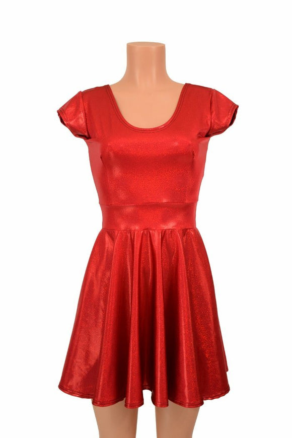 Red Sparkly Jewel Cap Sleeve Skater Dress - Coquetry Clothing