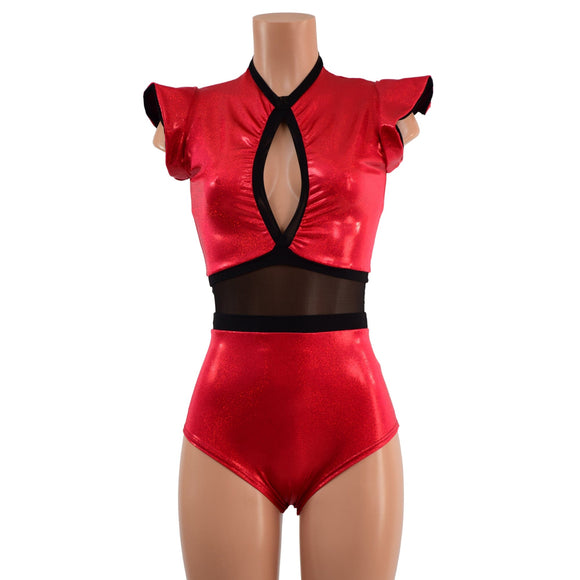 Red Sparkly Jewel Keyhole & Mesh Romper - Coquetry Clothing
