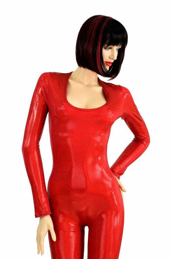Red Sparkly Jewel Long Sleeve Catsuit - Coquetry Clothing