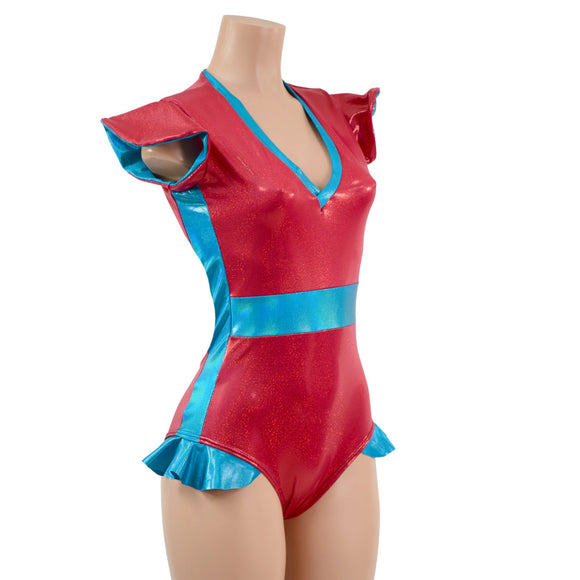 Red Sparkly Jewel & Peacock Holo Flip Sleeve Paneled Romper - Coquetry Clothing