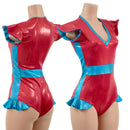 Red Sparkly Jewel & Peacock Holo Flip Sleeve Paneled Romper - Coquetry Clothing