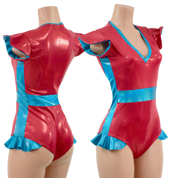 Red Sparkly Jewel & Peacock Holo Flip Sleeve Paneled Romper - Coquetry Clothing