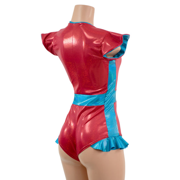 Red Sparkly Jewel & Peacock Holo Flip Sleeve Paneled Romper - Coquetry Clothing