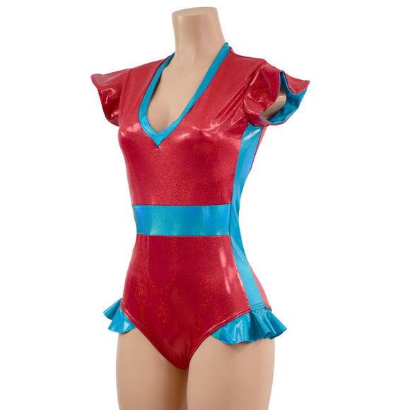 Red Sparkly Jewel & Peacock Holo Flip Sleeve Paneled Romper - Coquetry Clothing