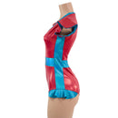 Red Sparkly Jewel & Peacock Holo Flip Sleeve Paneled Romper - Coquetry Clothing
