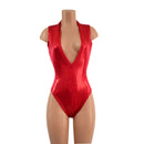 Red Sparkly Jewel Plunging V Neck Romper with Brazilian Cut Leg - Coquetry Clothing