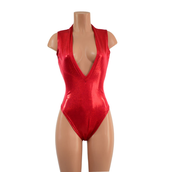 Red Sparkly Jewel Plunging V Neck Romper with Brazilian Cut Leg - Coquetry Clothing