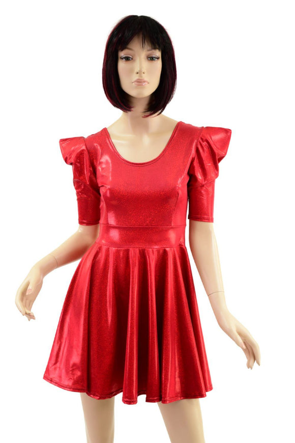 Red Sparkly Jewel Sharp Shoulder Half Sleeve Skater Dress - Coquetry Clothing