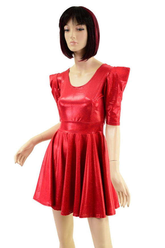 Red Sparkly Jewel Sharp Shoulder Half Sleeve Skater Dress - Coquetry Clothing