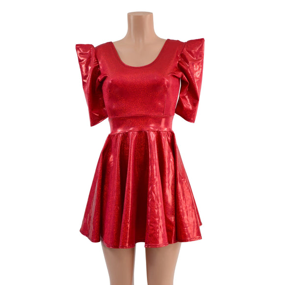 Red Sparkly Jewel Sharp Shoulder Skater Dress - Coquetry Clothing