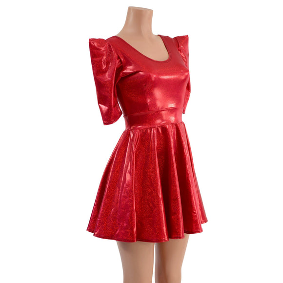 Red Sparkly Jewel Sharp Shoulder Skater Dress - Coquetry Clothing