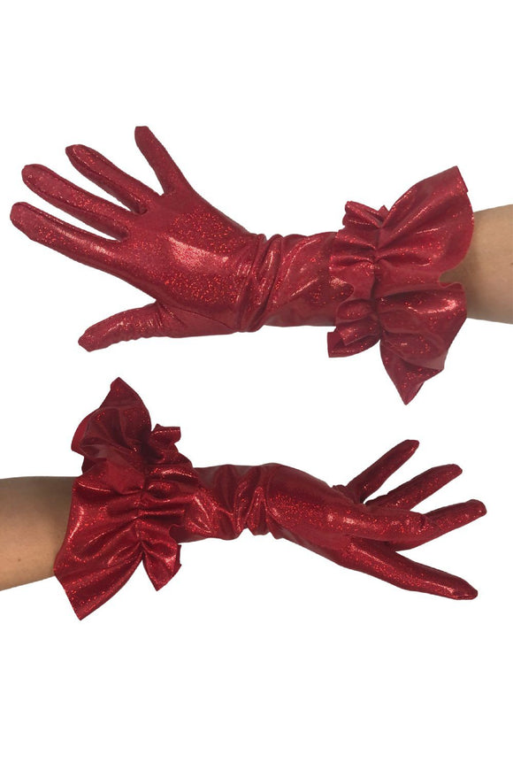 Red Sparkly Jewel Short Ruffled Gloves - Coquetry Clothing