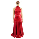 Red Sparkly Jewel Side Slit Trumpet Gown - Coquetry Clothing