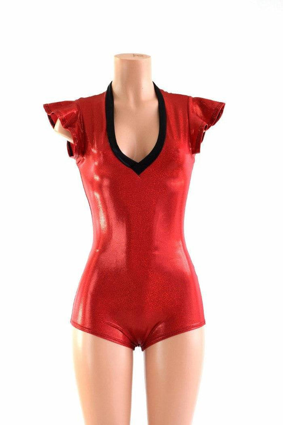 Red V Neck Holographic Romper - Coquetry Clothing