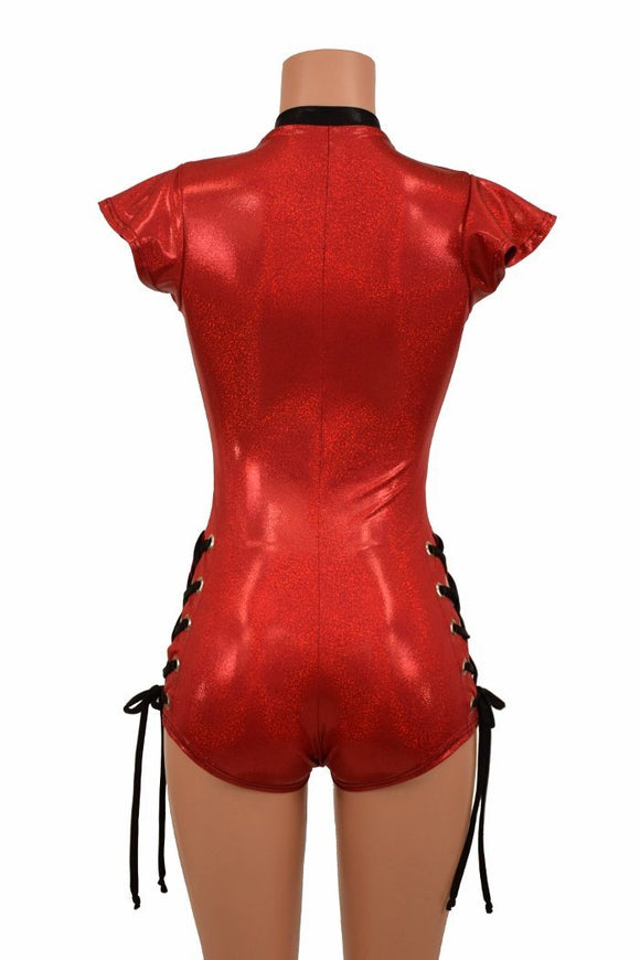 Red V Neck Lace Up Romper - Coquetry Clothing