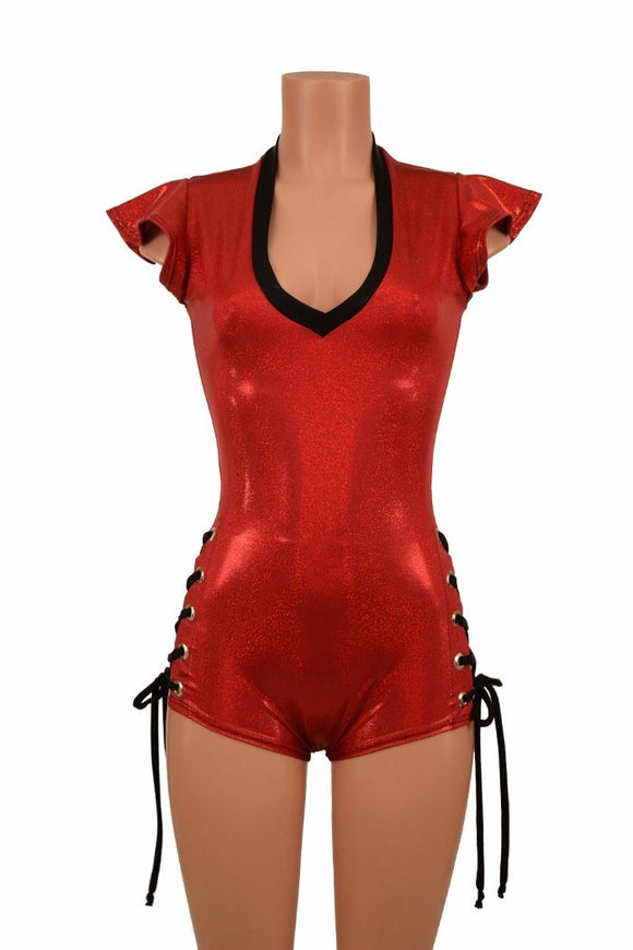 Red V Neck Lace Up Romper - Coquetry Clothing