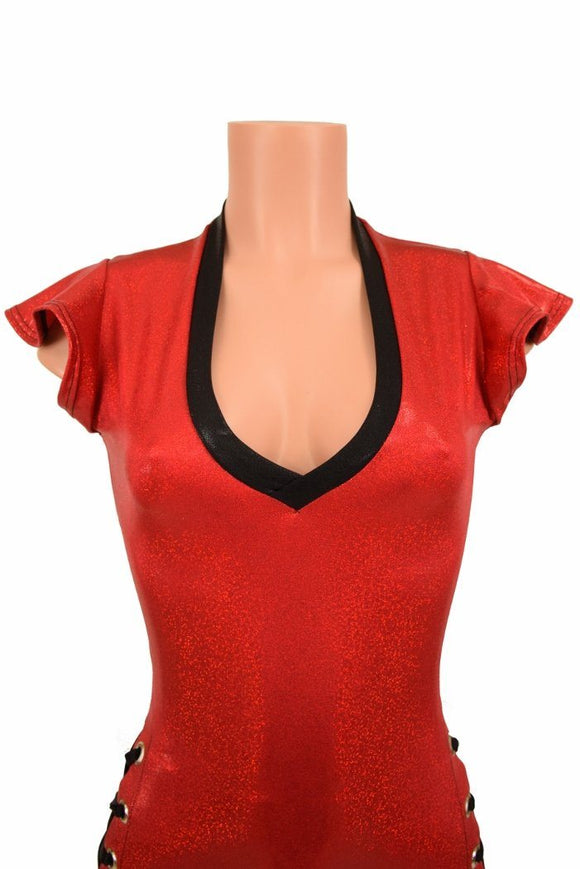 Red V Neck Lace Up Romper - Coquetry Clothing