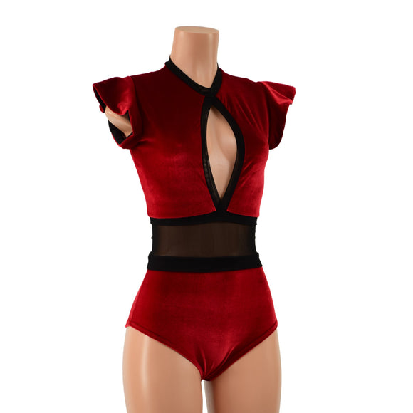 Red Velvet Keyhole & Mesh Romper - Coquetry Clothing