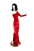 Red Velvet One Shoulder Wiggle Gown with Fishtail Hemline - Coquetry Clothing