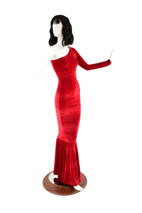Red Velvet One Shoulder Wiggle Gown with Fishtail Hemline - Coquetry Clothing