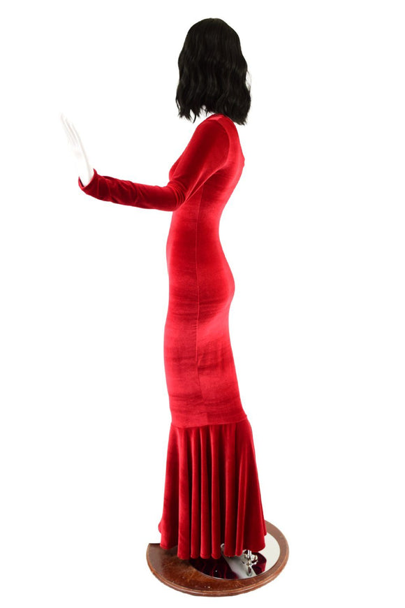 Red Velvet One Shoulder Wiggle Gown with Fishtail Hemline - Coquetry Clothing