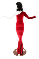 Red Velvet One Shoulder Wiggle Gown with Fishtail Hemline - Coquetry Clothing