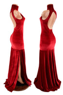 Red Velvet Side Slit Backless Trumpet Gown - Coquetry Clothing