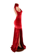 Red Velvet Side Slit Backless Trumpet Gown - 6