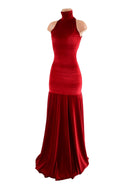 Red Velvet Side Slit Backless Trumpet Gown - 3