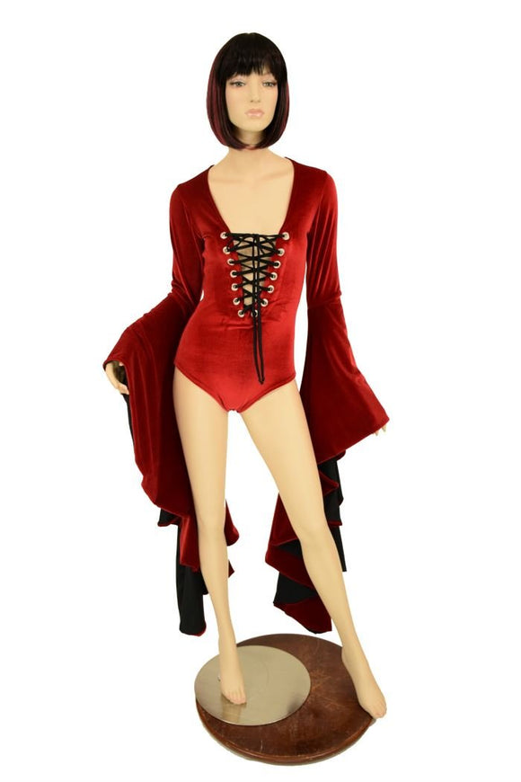 Red Velvet Sorceress Sleeve Lace Up Romper - Coquetry Clothing