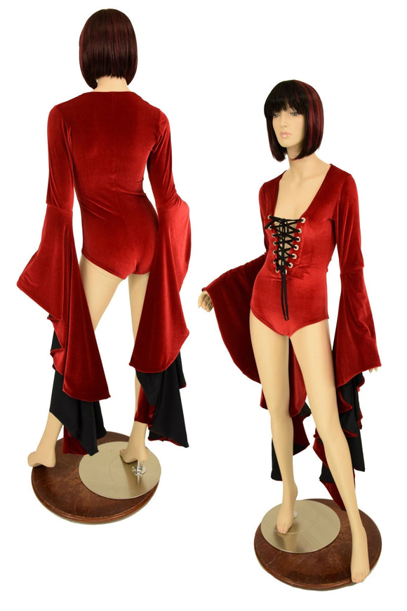 Red Velvet Sorceress Sleeve Lace Up Romper - Coquetry Clothing