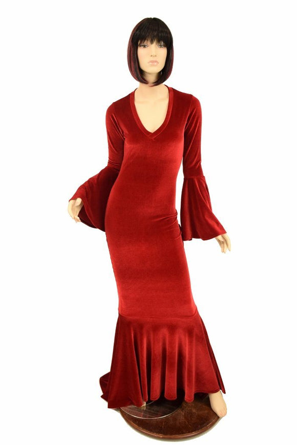 Red Velvet Trumpet Sleeve Gown - Coquetry Clothing