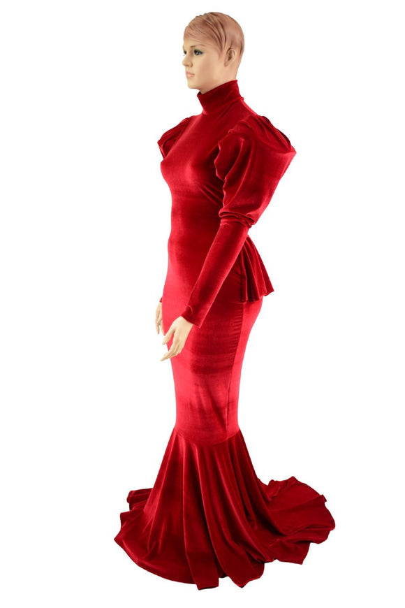 Red Velvet Victoria Sleeve Gown with Ruffle Rump - Coquetry Clothing
