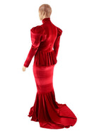 Red Velvet Victoria Sleeve Gown with Ruffle Rump - Coquetry Clothing