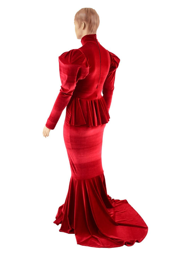 Red Velvet Victoria Sleeve Gown with Ruffle Rump - Coquetry Clothing