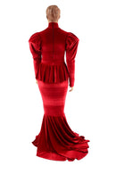 Red Velvet Victoria Sleeve Gown with Ruffle Rump - Coquetry Clothing