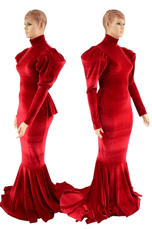 Red Velvet Victoria Sleeve Gown with Ruffle Rump - Coquetry Clothing