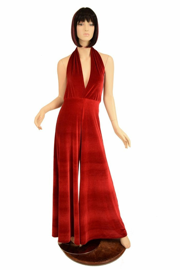 Red Velvet Wide Leg Jumpsuit - 2