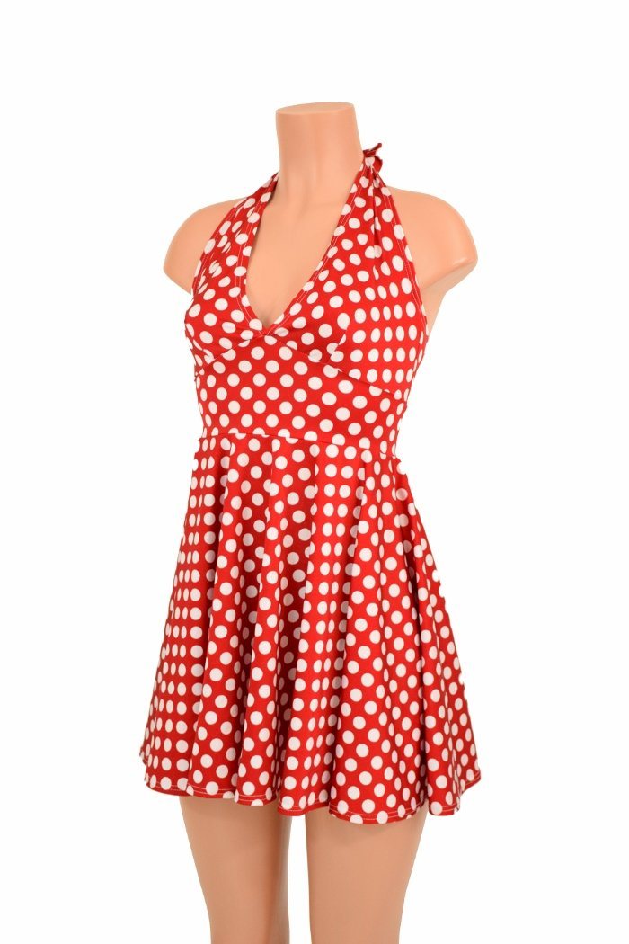 Red & White Polka Dot Halter Skater Dress - Coquetry Clothing Xs