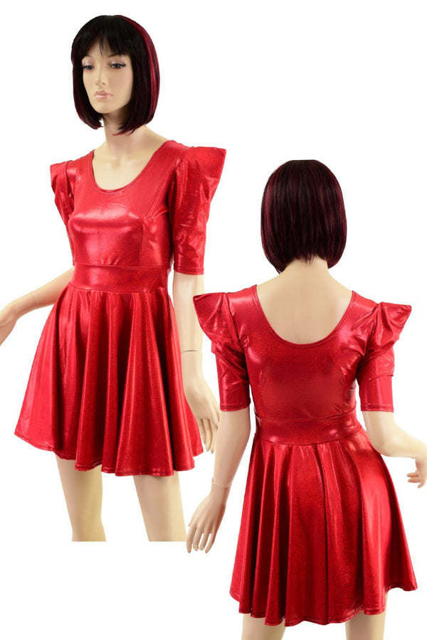 Red Sparkly Jewel Sharp Shoulder Half Sleeve Skater Dress - 1