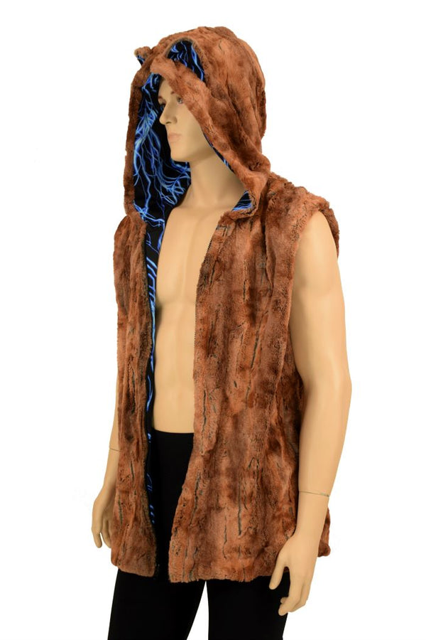 Men's Short Hooded Viking Faux Fur Vest in Gray Brown XL / Custom