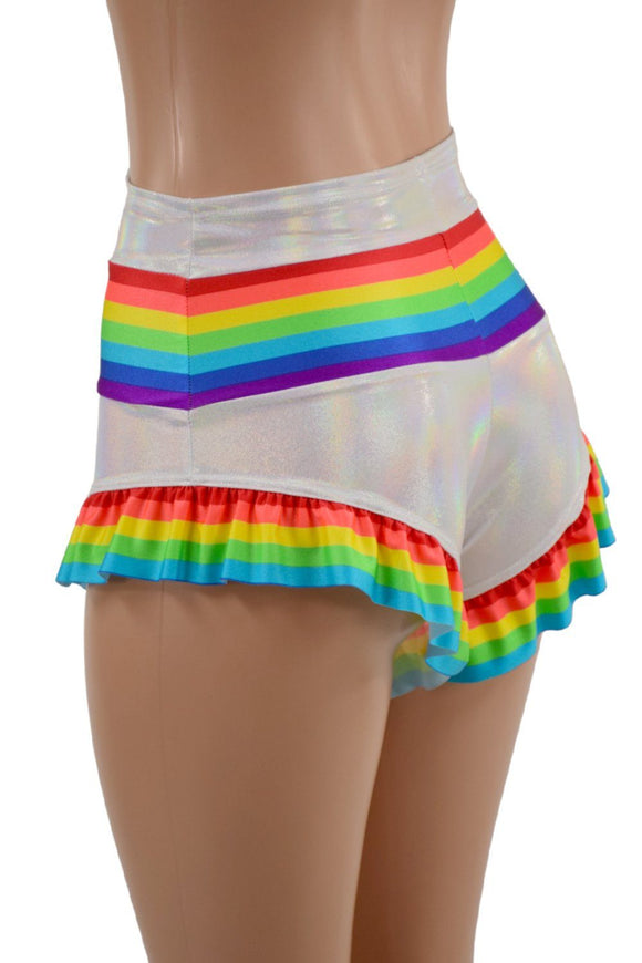 Retro Rainbow Siren Shorts with Rainbow Leg Ruffle - Coquetry Clothing