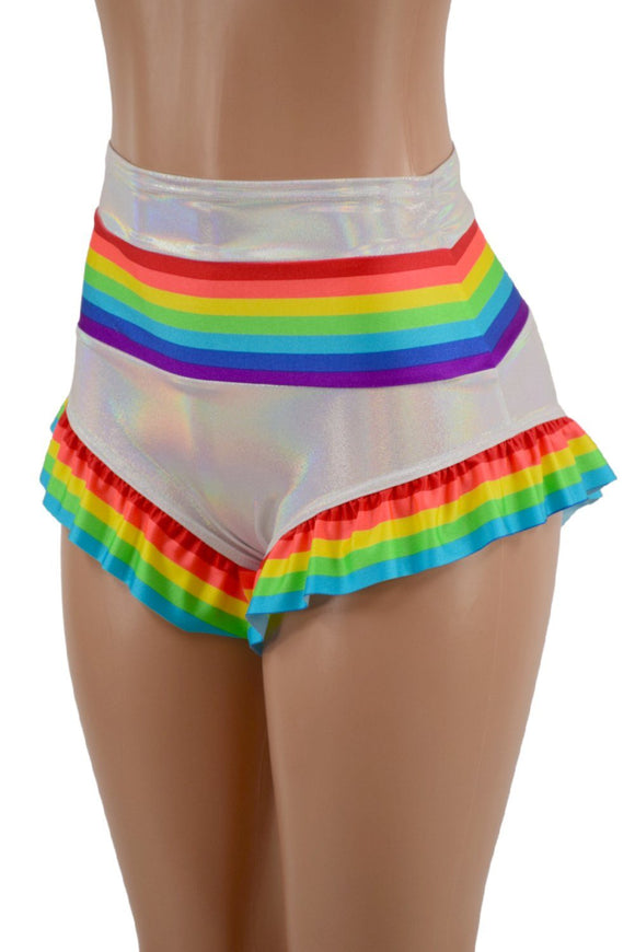 Retro Rainbow Siren Shorts with Rainbow Leg Ruffle - Coquetry Clothing