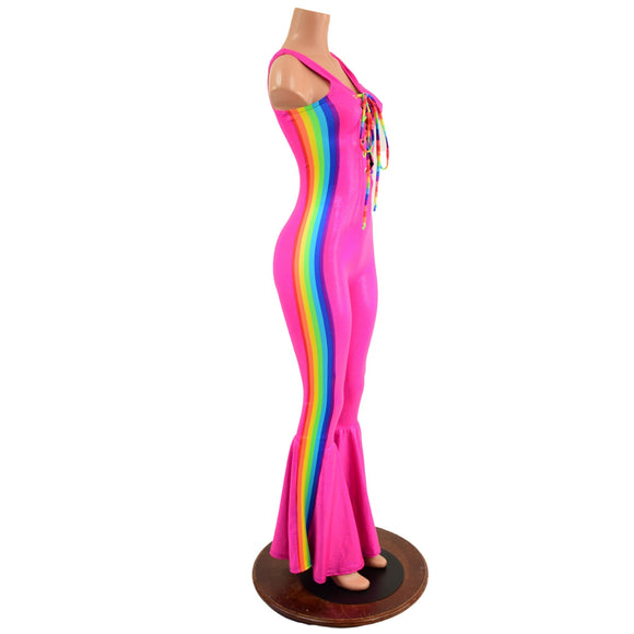 Retro Rainbow Striped Bell Bottom Catsuit with Laceup Neckline - Coquetry Clothing