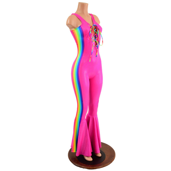Retro Rainbow Striped Bell Bottom Catsuit with Laceup Neckline - Coquetry Clothing