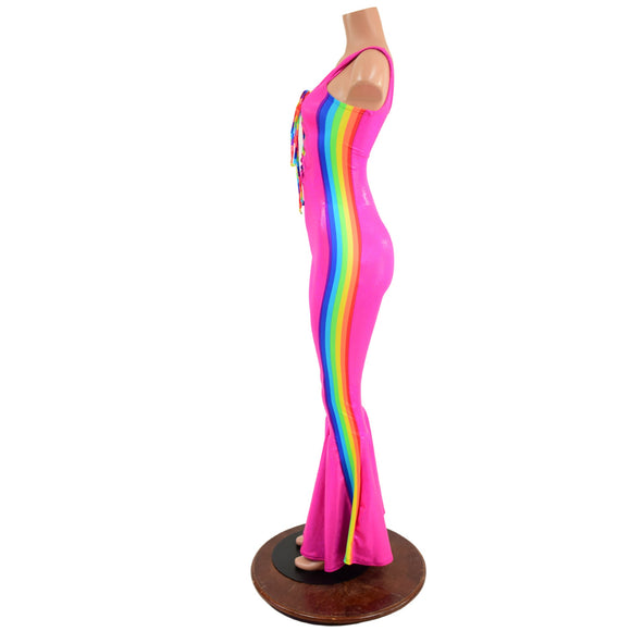 Retro Rainbow Striped Bell Bottom Catsuit with Laceup Neckline - Coquetry Clothing