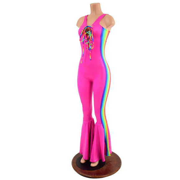 Retro Rainbow Striped Bell Bottom Catsuit with Laceup Neckline - Coquetry Clothing