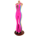 Retro Rainbow Striped Bell Bottom Catsuit with Laceup Neckline - 3