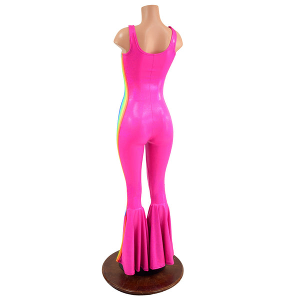 Retro Rainbow Striped Bell Bottom Catsuit with Laceup Neckline - 5